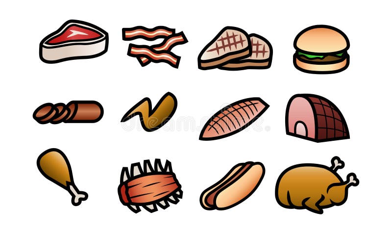 A set of 12 cute cartoon icons portraying different cuts of meat. Cartoon chop vectors
