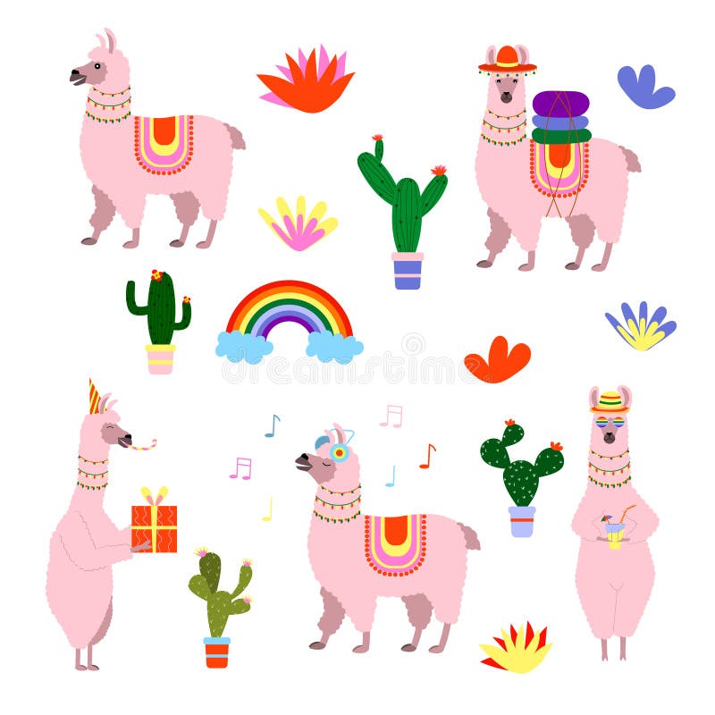 set of cute cartoon llamas, vector isolated vector illustration