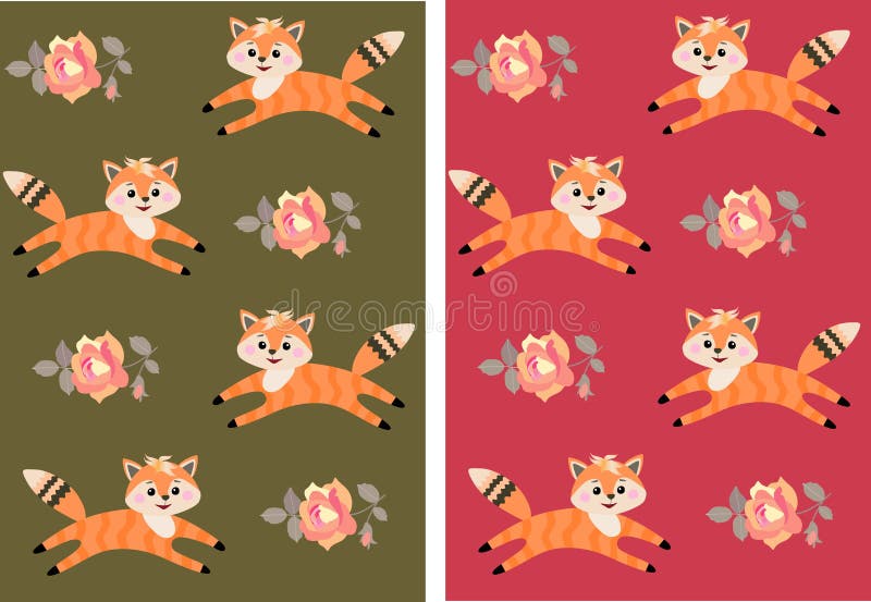 Set of cute cartoon patterns with little foxes and rose flowers in vector. Print for fabric vector illustration Set of cute cartoon patterns with little foxes and rose flowers in vector. Print for fabric vector illustration