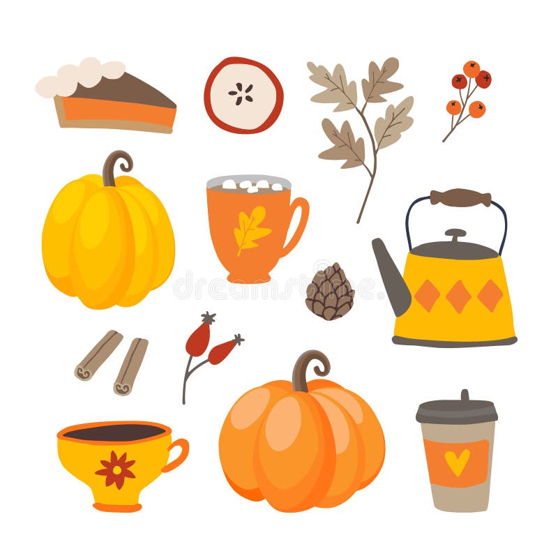 Set of cute cartoon Thanksgiving day icons with pumpkins, pie, coffee, cinnamon spice and oak leaves. Fall season royalty free illustration Set of cute cartoon Thanksgiving day icons with pumpkins, pie, coffee, cinnamon spice and oak leaves. Fall season royalty free illustration