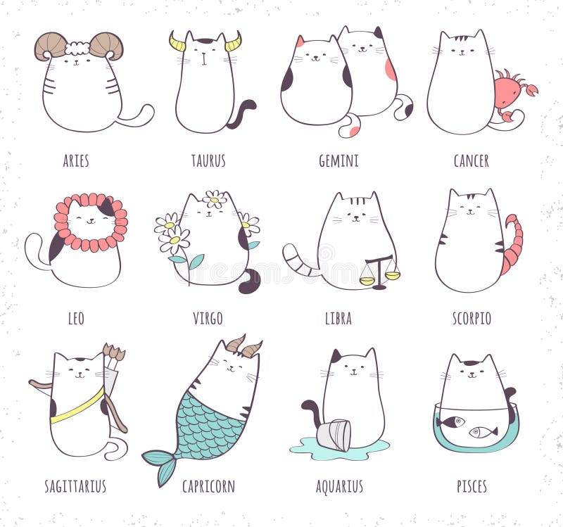 Vector set of cute cartoon zodiac cat vector illustration
