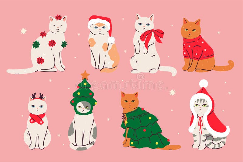 Set of Cute Cats in Christmas Clothes. Vector Graphics Stock Vector