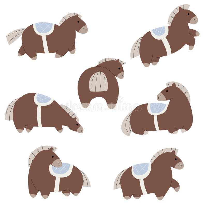 A set of cute chubby horses illustrates in different poses - standing, running, side view, back view. stock illustration