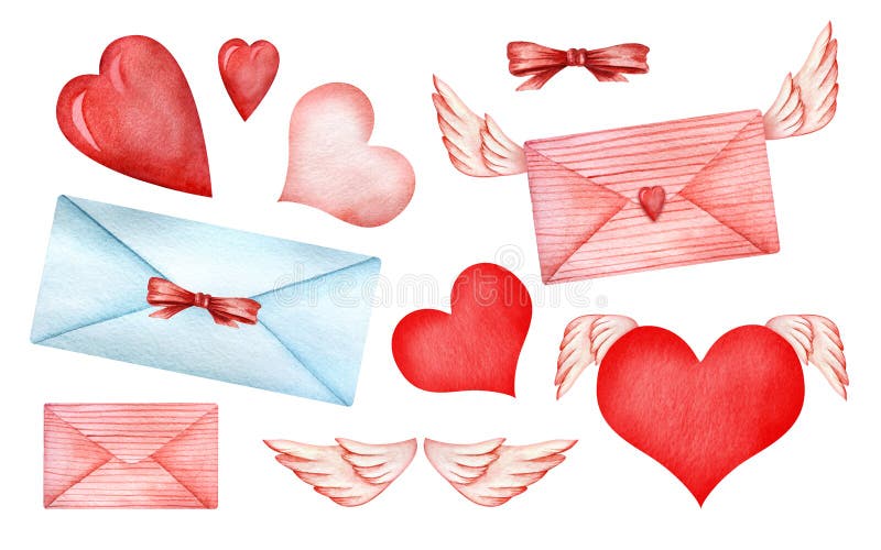 Set of cute decorative elements. Illustrations for Valentine`s Day. Envelopes, bows, hearts, angel wings. Scrapbooking. And stickers on the theme of love. Hand stock photos Set of cute decorative elements. Illustrations for Valentine`s Day. Envelopes, bows, hearts, angel wings. Scrapbooking. And stickers on the theme of love. Hand stock photos