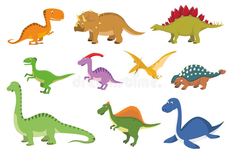 Set of 10 Cute Dinosaurs in Cartoon Style Stock Vector - Illustration ...