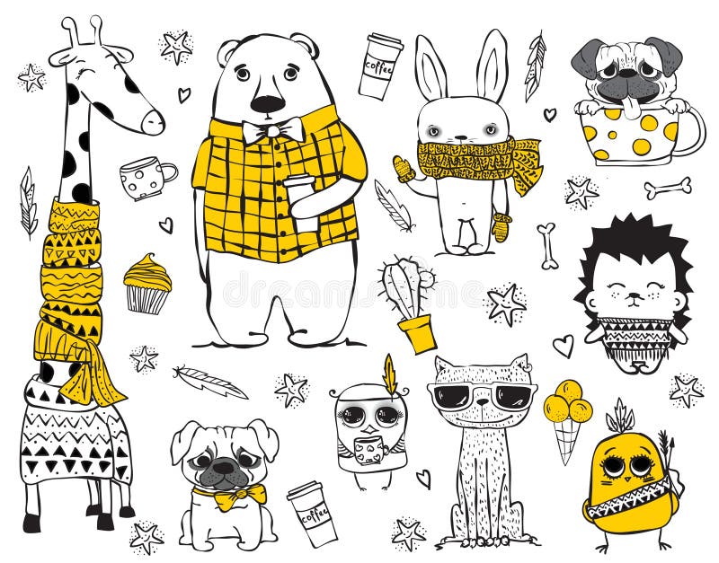 Set of cute doodle hipster animals royalty free illustration Set of cute doodle hipster animals royalty free illustration