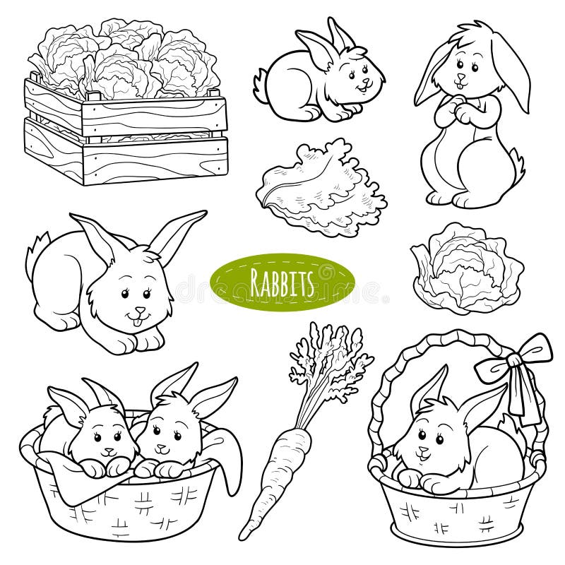 Set of cute farm animals and objects, vector family rabbits