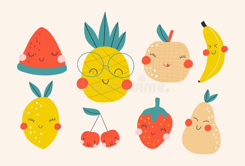 Set with Cute Fruits. Kids Print. Vector Illustrations Stock Vector