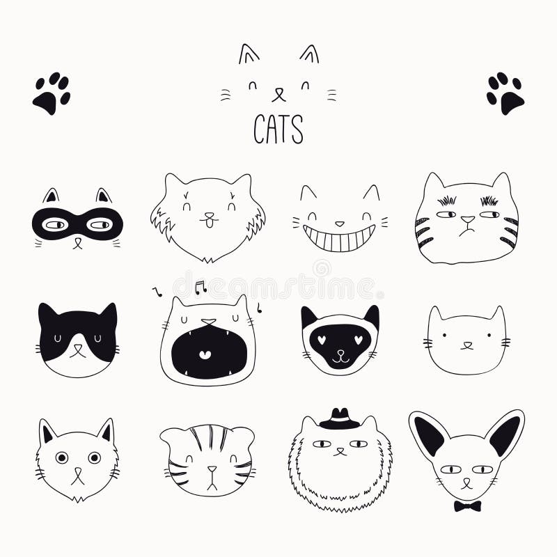 Funny Doodle Cat Icons Collection Hand Stock Vector (Royalty Free