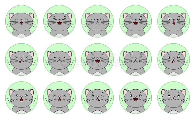 Cute funny cats set various emotions. Kawaii style emoticon icon