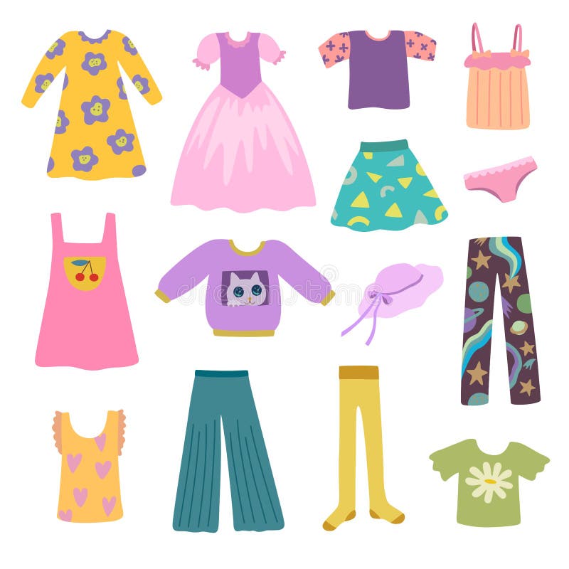 Set of Cute Girl Clothes in Doodle Cartoon Style. Vector Clip Art for ...