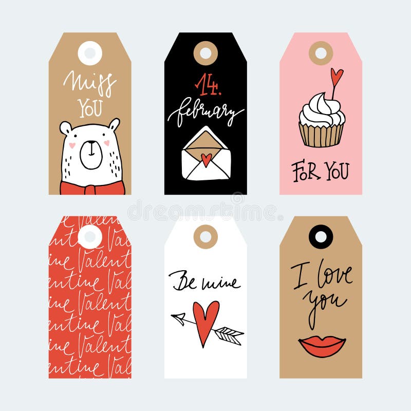 Set of cute hand drawn Valentines day or wedding gift tags with cute bear, envelope, lips and cupcake. Handwritten text stock illustration Set of cute hand drawn Valentines day or wedding gift tags with cute bear, envelope, lips and cupcake. Handwritten text stock illustration