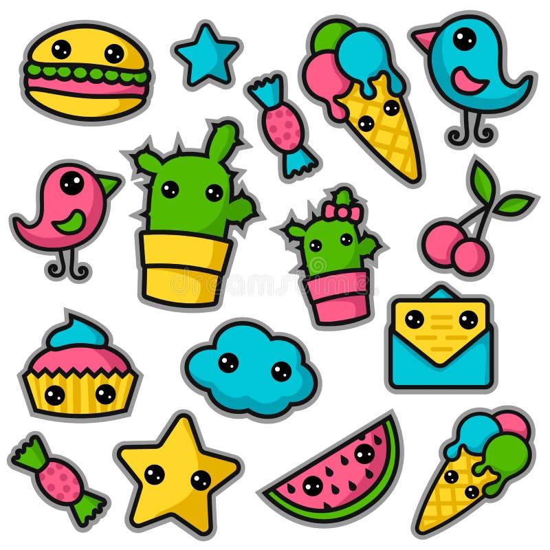 Set Kawaii Icons Cute Sticker Collection Stock Vector (Royalty