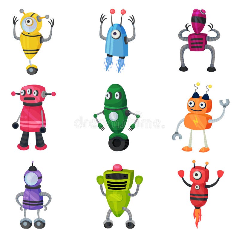 Set of cute multicolored robots. Vector illustration on white background. stock illustration