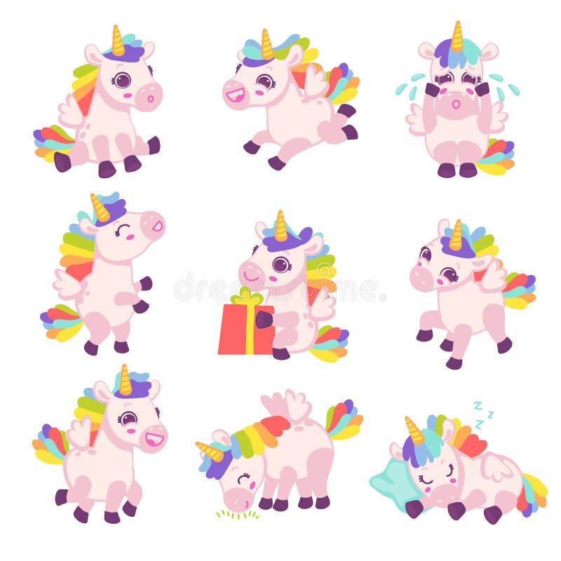 Set Of Unicorns In Different Poses Flat Cartoon Vector Illustration