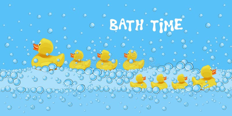 Set of cute rubber duck toys swimming in the bath water with soap bubbles. Children bathroom background with text bath time. Cartoon style vector illustration.