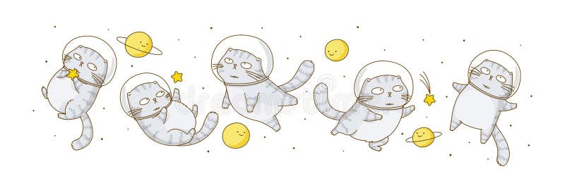 Set of cute scottish fold cats astronauts