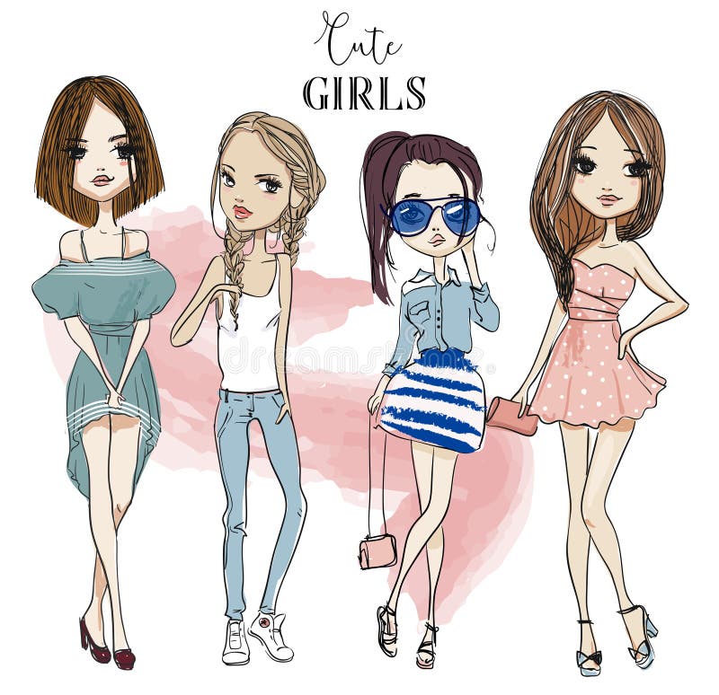 Set with Cute Cartoon Girls Stock Vector - Illustration of girl ...