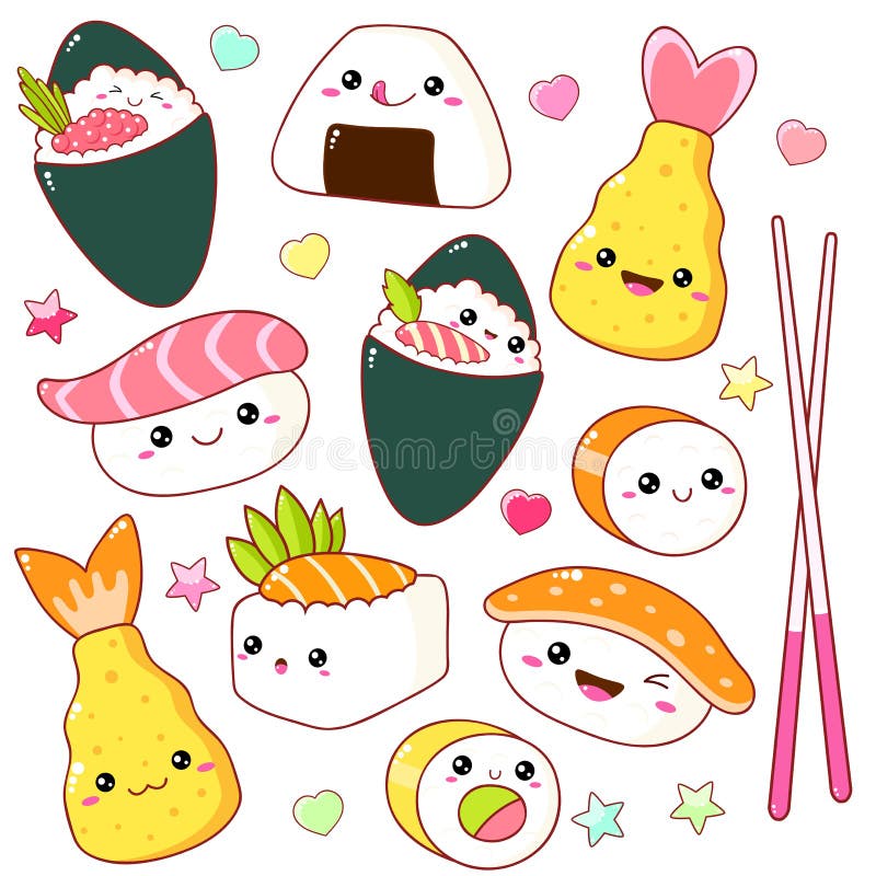 Set of Cute Sushi and Rolls Icons in Kawaii Style Stock Vector ...