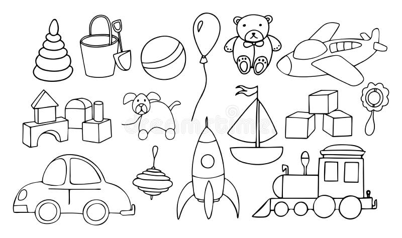 A set of cute toys for little boy. Hand drawn doodle set of elements. Black outline isolated on white background. Vector