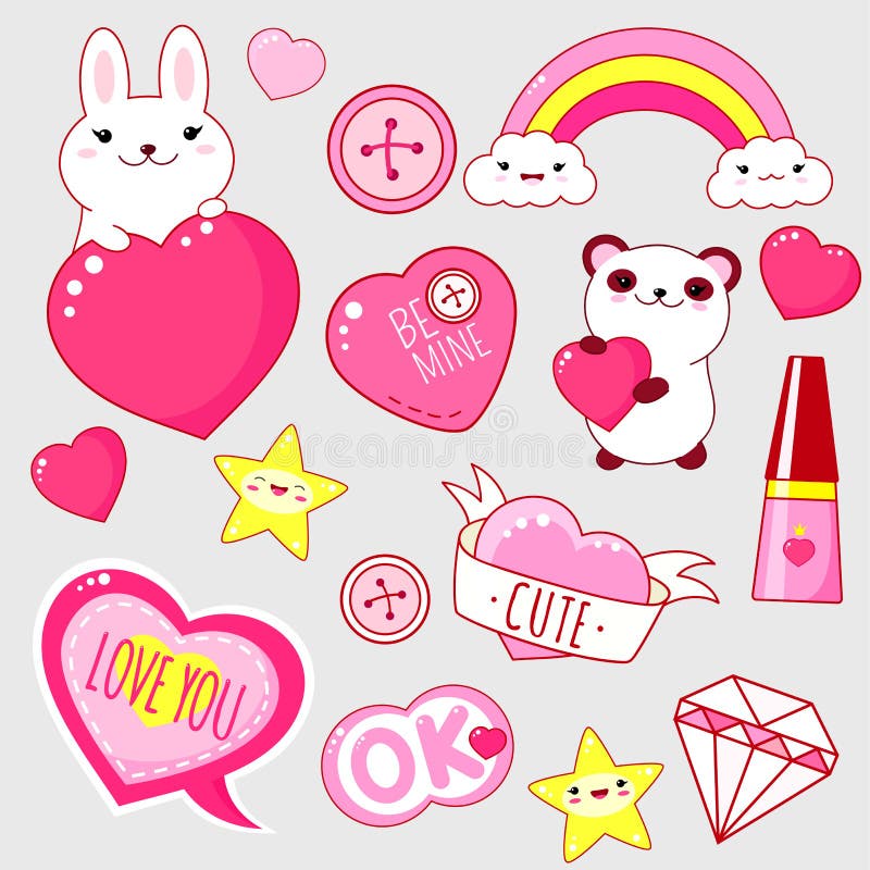 Set of cute Valentine`s day icons in kawaii style