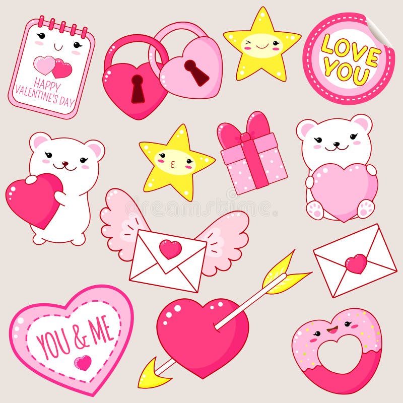 Set of cute Valentine`s day icons in kawaii style