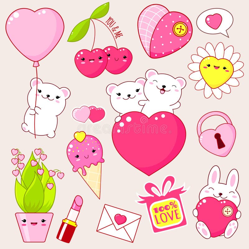 Set of cute Valentine`s day icons in kawaii style