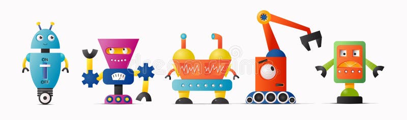 Set of cute vector robot characters for kids. Future robotics and artificial intelligence vector illustration