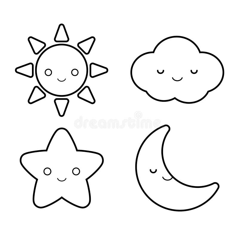 Set of cute weather element outline drawing for children`s coloring book including sun, cloud, star and moon.