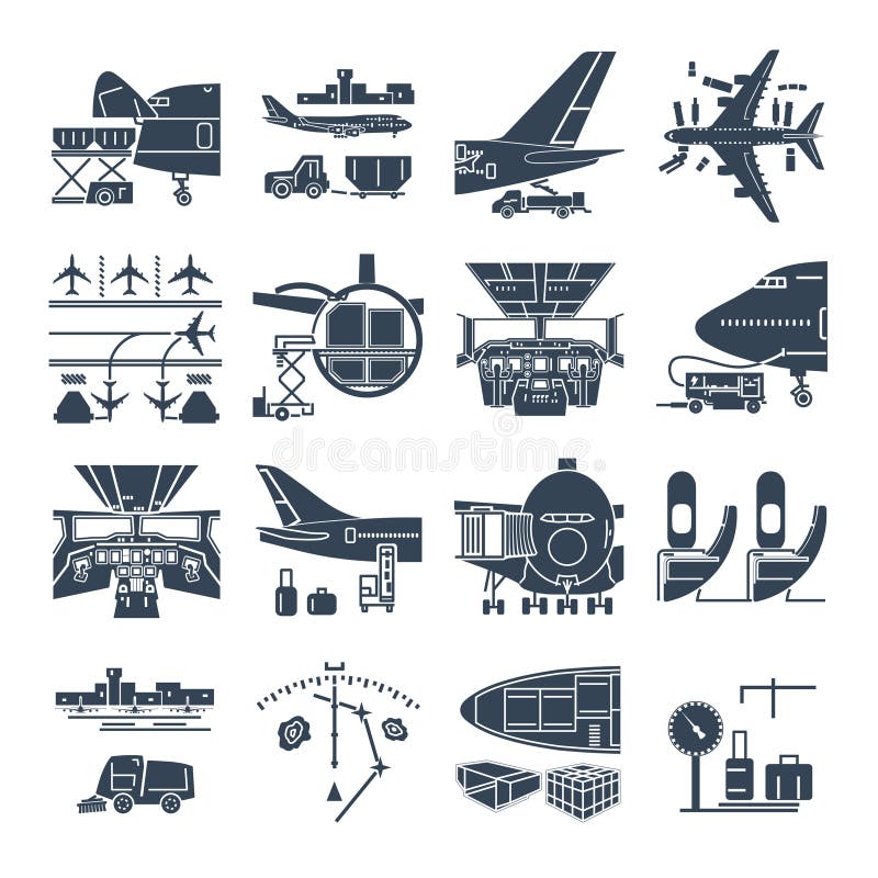 Set czarny ikony lotnisko samolot i, zafrachtowanie