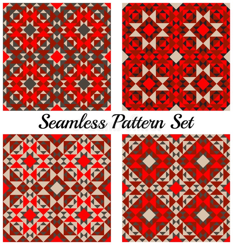 Set cztery modnego geometrycznego bezszwowego wzoru z różnymi kształtami czerwień, czerń i siwieje cienie ilustracja wektor Set cztery modnego geometrycznego bezszwowego wzoru z różnymi kształtami czerwień, czerń i siwieje cienie ilustracja wektor
