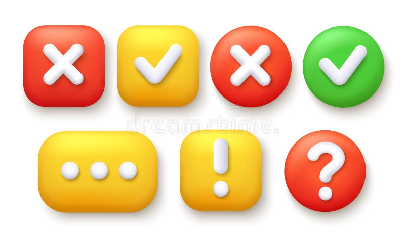 Set of 3D buttons, sign of acceptance, refusal, exclamation, question, talk bubble. vector illustration