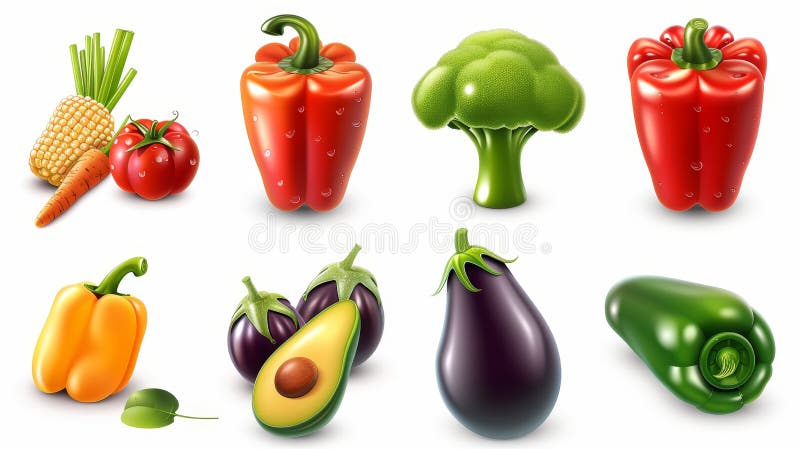 A set of 3D modern cartoon icons featuring vegetables and fruits such as peppers, corn, avocados, eggplants, broccoli, carrots, lettuce, tomatoes, and eggplants.. AI generated