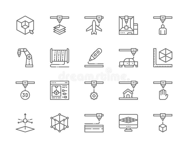 Set of 3D Printing Line Icons. Industrial Printer, Plastic Thread Reels and more vector illustration