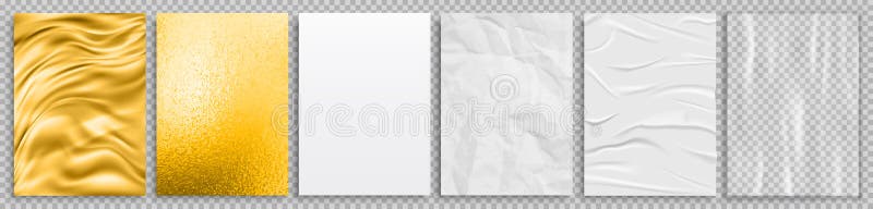Set 3d realistic textures gold fabric, silver foil, white crumpled paper, transparent plastic film with shadows – stock vector. Set 3d realistic textures gold fabric, silver foil, white crumpled paper, transparent plastic film with shadows – stock vector