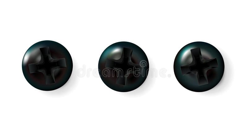Set dark self-tapping screws, heads, black caps. Twisted in surface screw isolated on white background. Macro polished objects top vector illustration