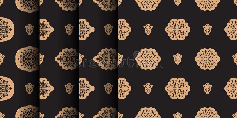 Set of Dark solid color Seamless pattern with lotuses in Simple style. Good for backgrounds and prints. Vector royalty free illustration