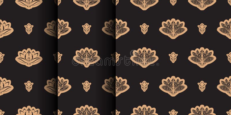 Set of Dark solid color Seamless pattern with lotuses in Simple style. Good for clothing and textiles. Vector royalty free illustration