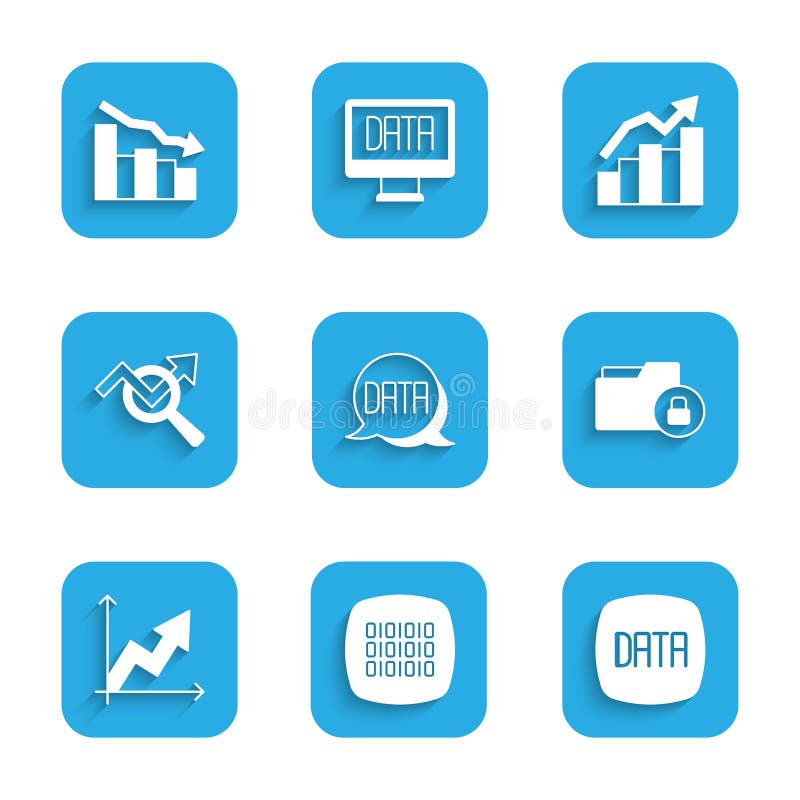 Set Data analysis, Binary code, Folder and lock, Financial growth, Search data, and decrease icon. Vector. Set financial growth decrease vectors