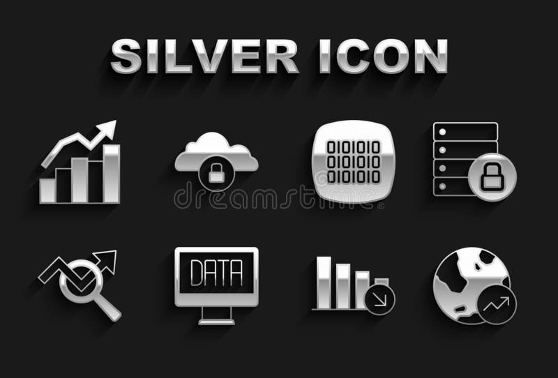 Set Data analysis Server security with padlock Financial growth decrease Search data Binary code and Cloud computing icon. Vector. Diagram financial growth decrease illustrations