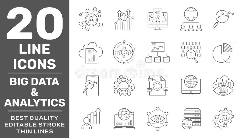 Set of data and web analytics related vector line icons set.Graphs, traffic analysis, big data and more. Collection of high royalty free illustration Set of data and web analytics related vector line icons set.Graphs, traffic analysis, big data and more. Collection of high royalty free illustration