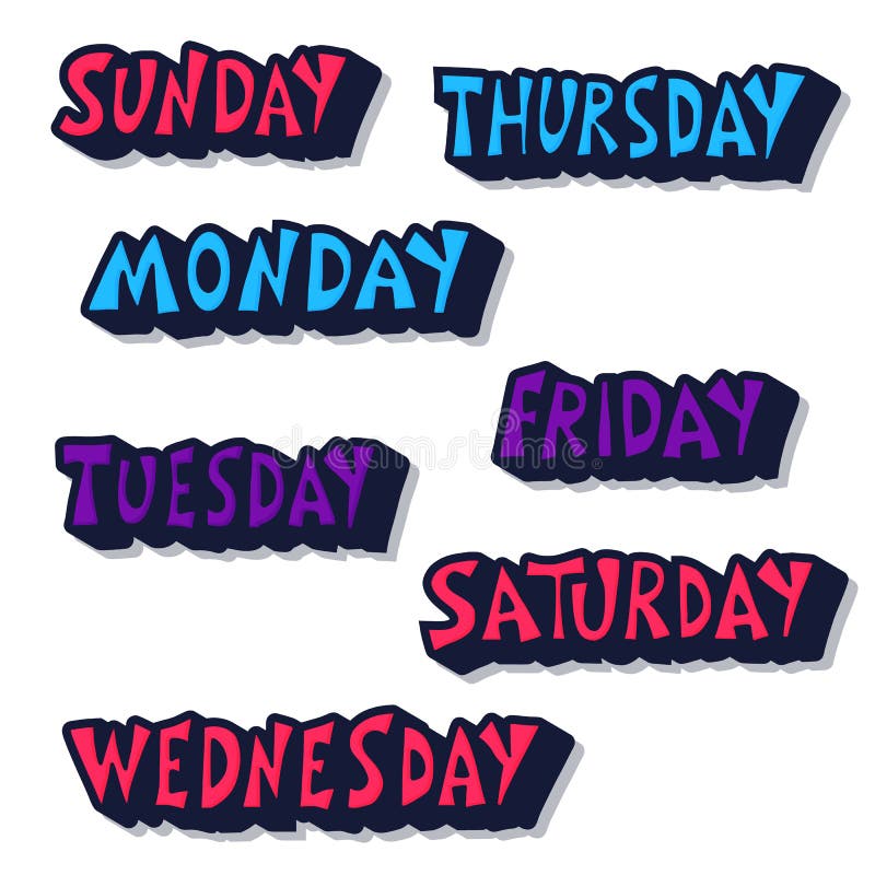 Days Of The Week: Sunday, Monday, Tuesday, Wednesday, Thursday, Friday,  Saturday Royalty Free SVG, Cliparts, Vetores, e Ilustrações Stock. Image  68894006.