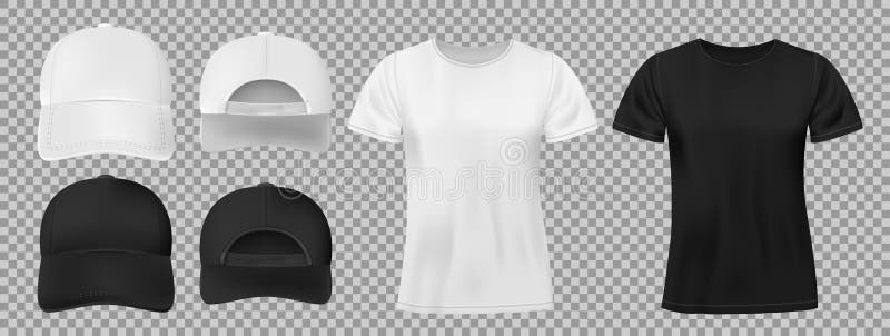 Set de articole de îmbrăcăminte pentru sport. șapcă și cămăși de baseball, din alb și negru, și cămăși și cămăși în față și în spa vector illustration