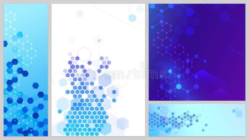 Set de banderole cu structură moleculară. linii de legătură și puncte hexagoane abstract. rețea științifică royalty free illustration