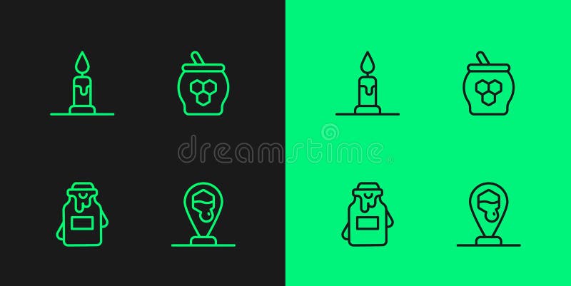 Set de borcan pentru localizarea albinelor în formă de fagure în formă de miere cu lumânare arzătoare și pictogramă pentru stick-u vector illustration