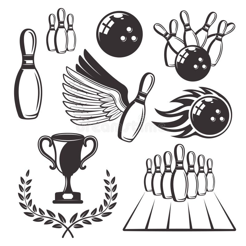 Set de bowling pentru elemente retrovizoare de culoare neagră vectoriale. Set de popice pentru elemente de design de culoare neagră vectorială și obiecte izolate pe fond alb