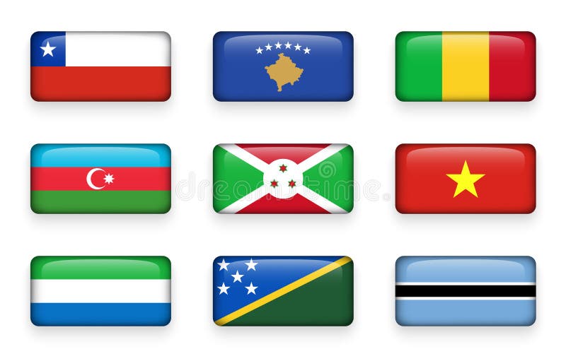 Set de butoane din dreptunghiul drapelului mondial chile. kosovo. . mali. azerbaidjan. burundi. vietnam. sierra leone. insul vector illustration