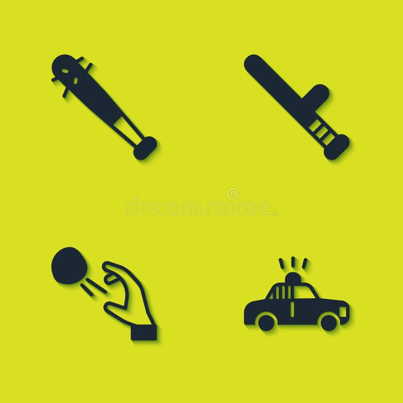 Set de bâtă de baseball cu cuie, mașină de poliție cuie și pietre de vânătoare cu huligan și de cauciuc. vector vector illustration