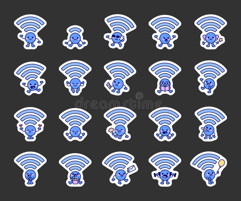 Set de caractere cartografice Wifi Signal Kawaii vector illustration