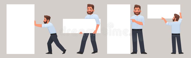 Set de caractere masculine care interacționează cu banner sau poster alb. spațiu gol pentru text stock illustration